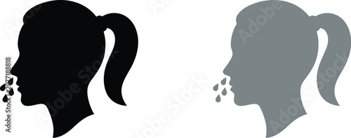 Silhouette of a woman with a runny nose represented by icons on a light background