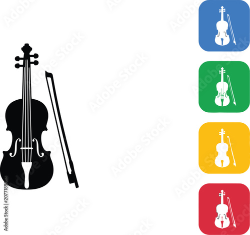 Black violin silhouette icon featuring a long bow against four vibrant colorful rounded square backgrounds