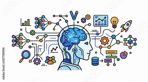 AI brain processing data with networks charts and gears