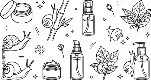 Konstfotografi Snail Mucin Skincare Cosmetics Element Set with Pump Bottles Cream Jars Bamboo B