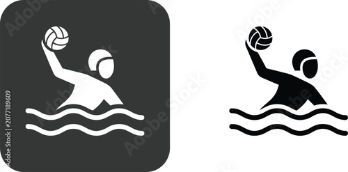 Minimalist water polo player icons featuring high contrast black and white graphic design style elements