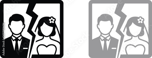 Simple black and gray vector icons depicting a bride and groom during a painful divorce separation