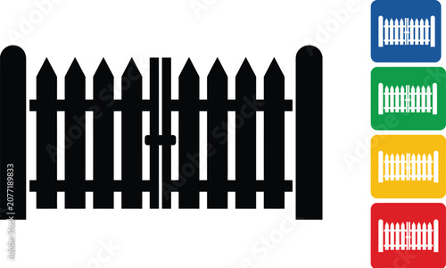 Black wooden picket gate icon shown with colorful square variations