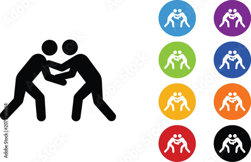 Two stick figures engaged in a competitive wrestling match displayed on multiple colorful circular icons