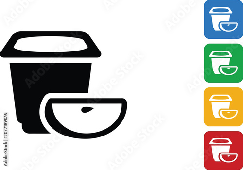 Black yogurt cup icon with a fresh apple slice shown on flat colorful square buttons