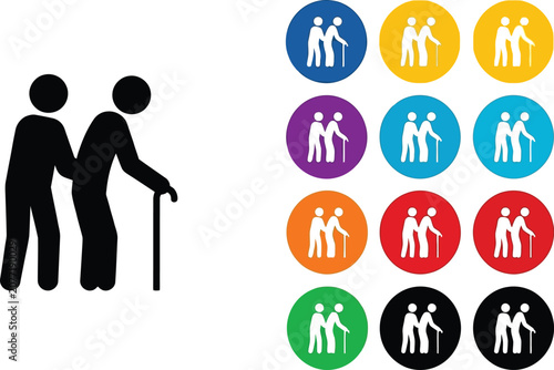 Caregiver assisting an elderly person with a cane depicted in a set of colorful icons