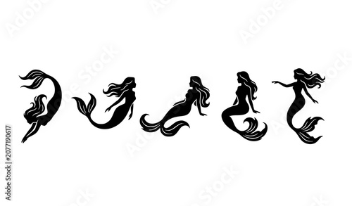 Set of black mermaid silhouettes with flowing hair and tails