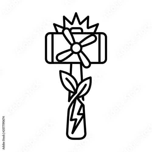 Eco friendly wind turbine power generator with leaves line art icon