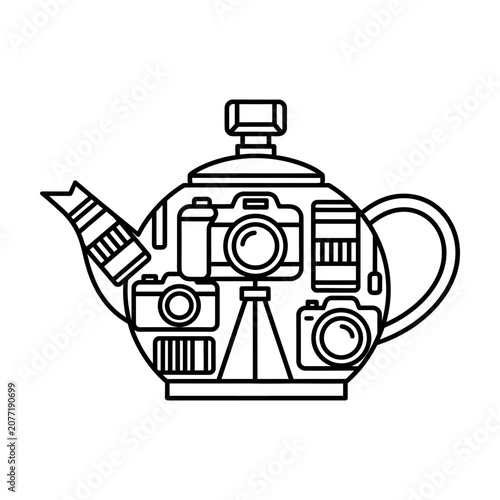 Teapot shape filled with various photography equipment line art icon