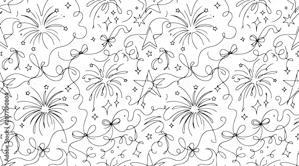 Fototapeta premium Seamless pattern with fireworks, stars, and ribbons