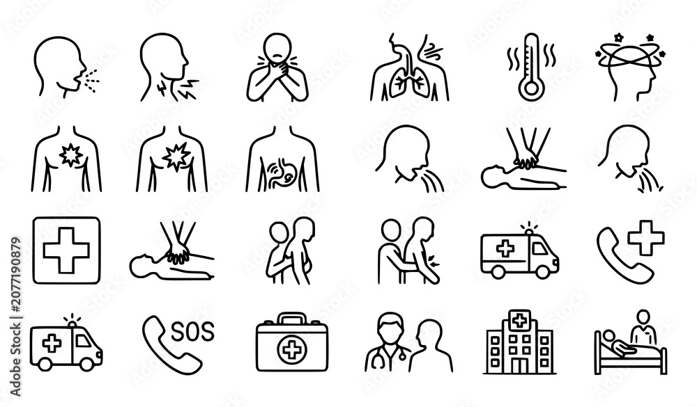 Obraz premium Medical emergency icons and symptoms illustrations