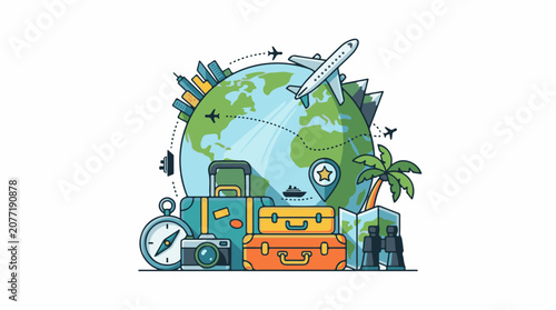 Around the world travel montage with luggage compass camera and globe