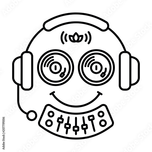 Smiling music dj robot with headphones and sound mixer line icon