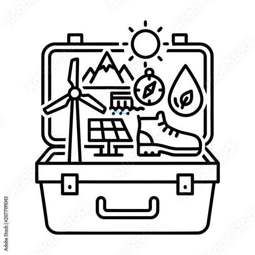 Eco friendly travel suitcase filled with sustainable energy icons