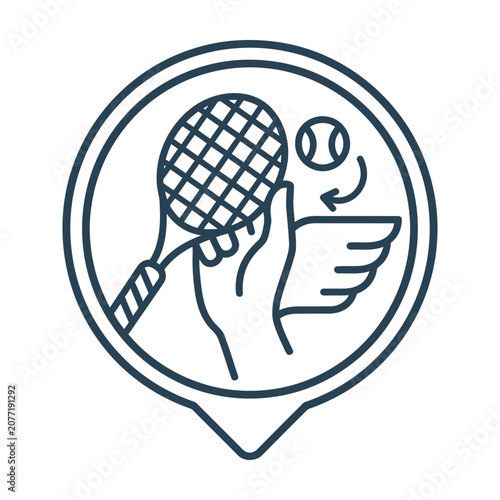 Tennis racket and hand holding ball icon in map pin location marker