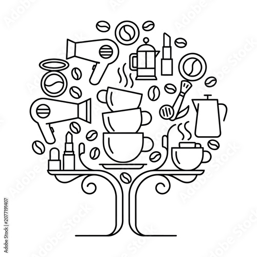 Coffee and beauty wellness tree concept line art vector illustration