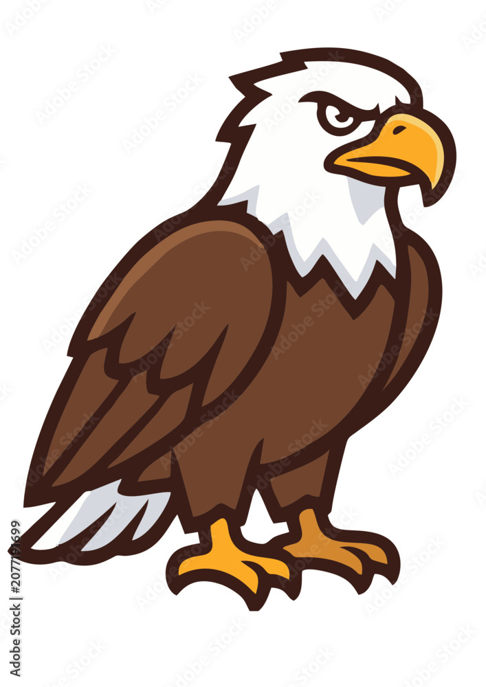 Obraz premium Bald eagle bird standing cartoon mascot vector illustration side view