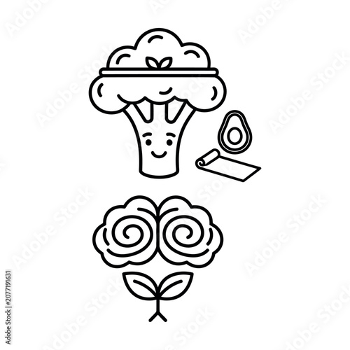 Healthy broccoli and yoga wellness line art vector illustration