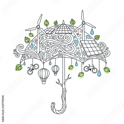 Sustainable energy umbrella with solar panels and wind turbine icons