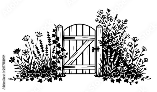 Black and white illustration of a garden gate with flowers