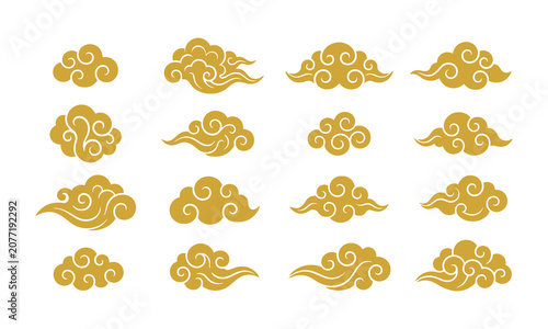 Set of 16 golden oriental cloud ornaments in traditional Chinese and Japanese style. Also called auspicious clouds or Xiangyun. 