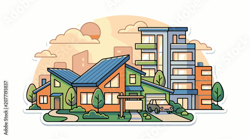 Artistic cartoon neighborhood with houses apartments and car