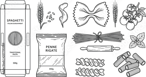 Fotografía Italian Pasta and Ingredients Element Set with Spaghetti Packaging Farfalle Fusi
