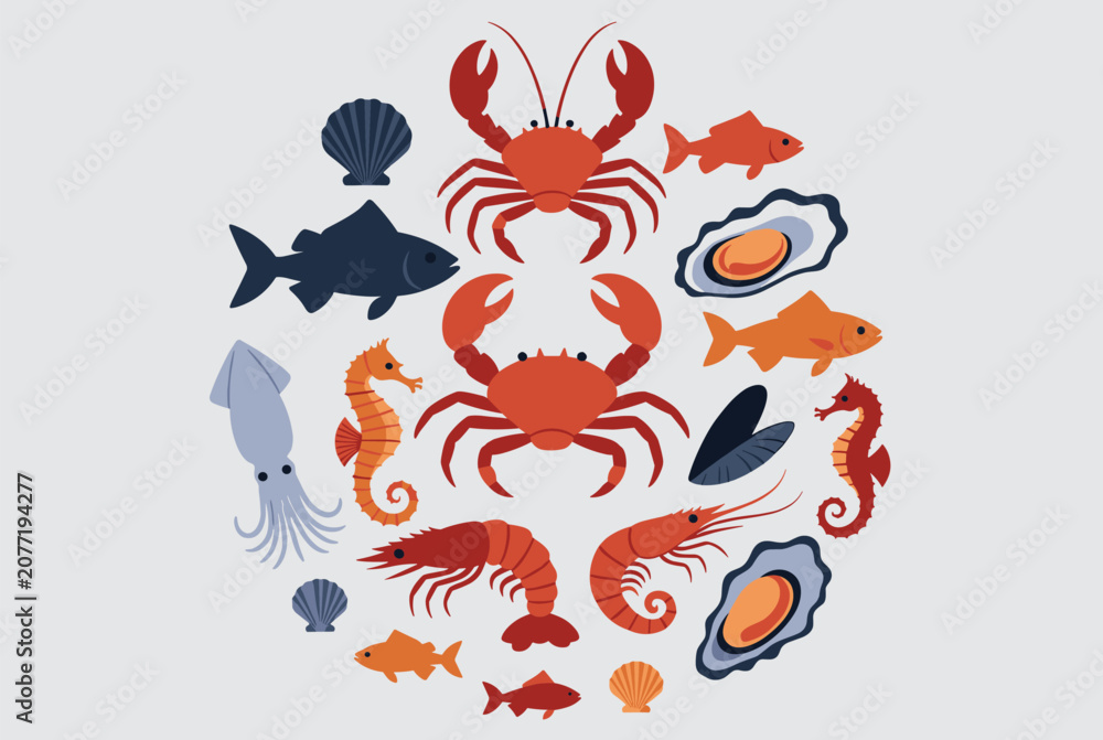 Obraz premium Diverse assortment of seafood including crabs, fish, shrimp, seahorses, and shells arranged in a neat circular composition.