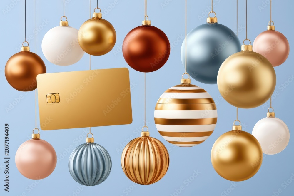Fototapeta premium Premium gold credit card floating among elegant Christmas ornaments for holiday shopping and gifts
