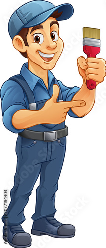 A painter decorator handyman cartoon mascot man holding a paint brush and pointing