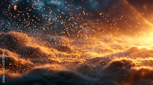 Dramatic Golden Dust Cloud. Thick particles floating in intense warm backlight with cinematic depth.
