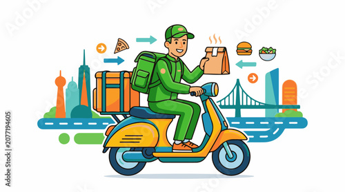 Animated delivery person on scooter with food cityscape background