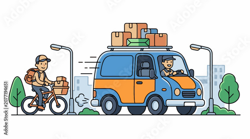 Animated delivery personnel on bicycle and in van transport packages in city
