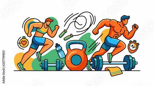 Animated figures engaged in vigorous fitness activities with gym equipment