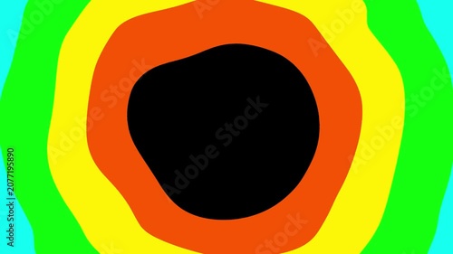 Abstract flat animation of colorful expanding concentric waves on a black background. Minimalist psychedelic motion graphic loop.
