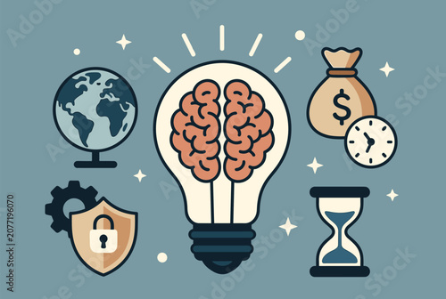 Conceptual business illustration showing a lightbulb with a brain inside surrounded by icons for time, money, and global reach.