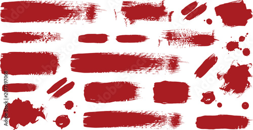Bold Red Brush Paint Stroke Set with Watercolor Smear, Grunge Splashes and Asian Ink Texture. Highlight Frames, Stamps, Text Boxes, Rectangle Speech Bubbles and Abstract Scribble Backgrounds.