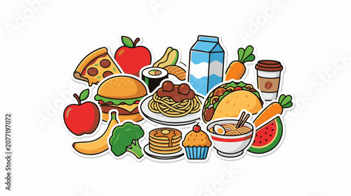 Assorted food items including pizza burger spaghetti taco coffee and fruit