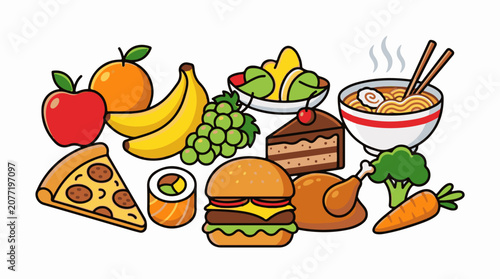 Assorted foods including fruits fast food and a meal
