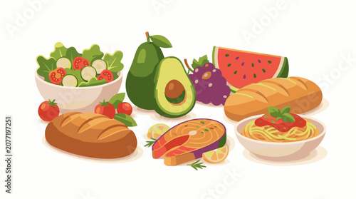 Assorted fresh foods including salad avocado fruits bread salmon and pasta