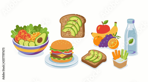 Assorted healthy and unhealthy food items on white background