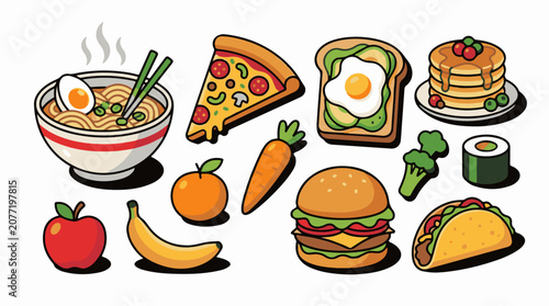 Assorted illustrated dishes including ramen pizza toast pancakes burger taco