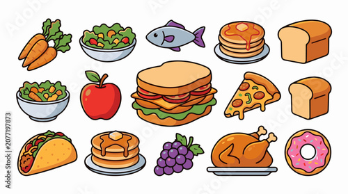Assorted illustrations of food items like vegetables fruits and prepared meals