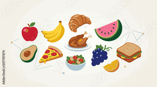 Assorted illustrations of fruits vegetables and prepared meals