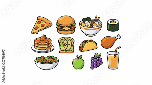 Assorted pixel art food items including pizza burger ramen sushi pancakes toast taco chicken salad apple grape