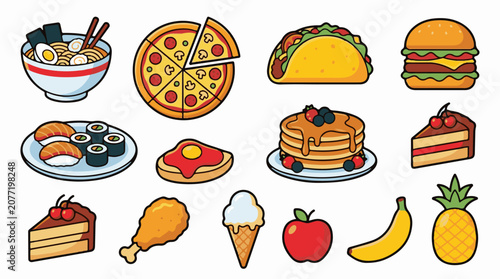 Assorted stylized food items including soup pizza taco burger sushi toast pancakes cake chicken ice cream appl