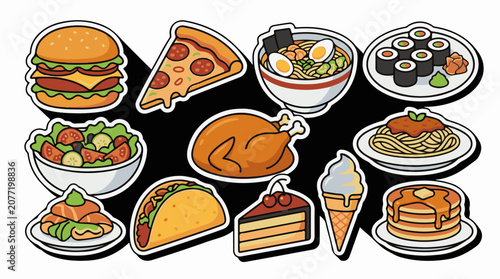 Assorted appetizing food illustrations arranged on a black background