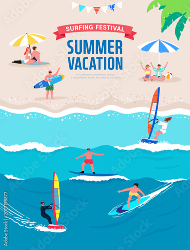 Summer Beach Vacation Festival with Surfing and Windsurfing Activities Illustration
