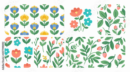 Assorted blooming flowers and leafy branches in a charming folk art style