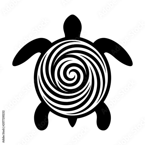 Bold black sea turtle icon with spiral vortex shell pattern. Perfect logo for ocean conservation, beach resorts, surf brands, tribal tattoo designs, marine biology, scuba diving, eco-friendly products